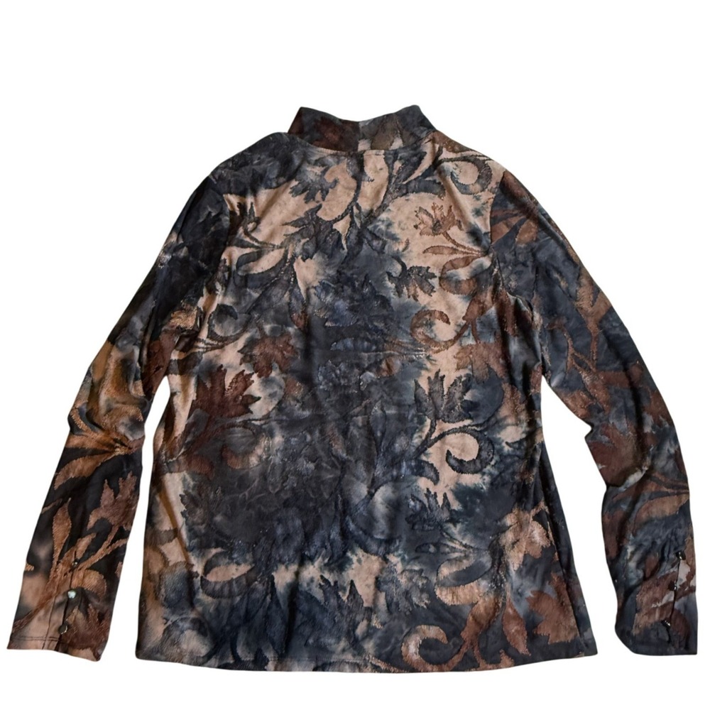 Investments Womens Mock Neck Burnout Floral Long Sleeve Top Brown Blue Blouse
